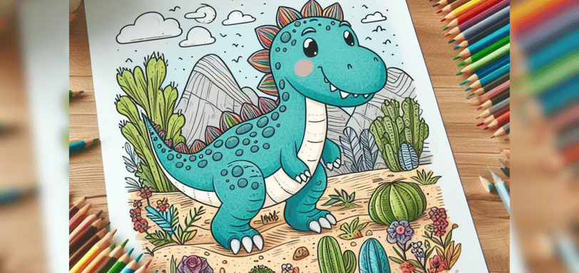 dinosaurs coloring sheet on a table surrounded by colorful pencils