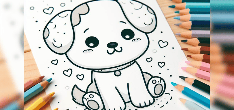 coloring page for for dog on a table sorrounded by colorful pencils