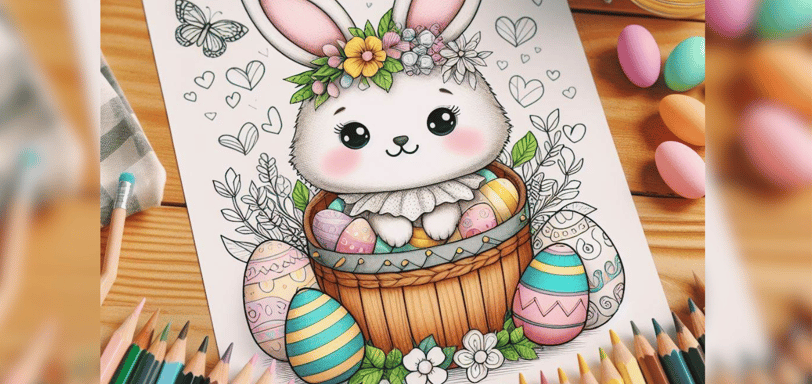 coloring page for easter on a table surrounded by colorful pencils