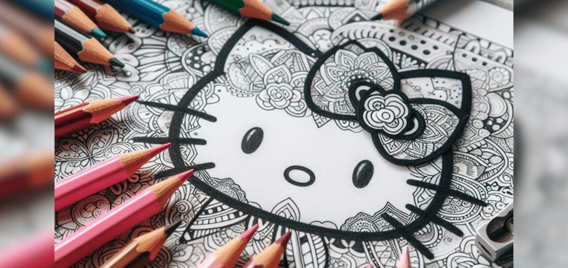 hello kitty coloring page on a table with colorful pencils around it