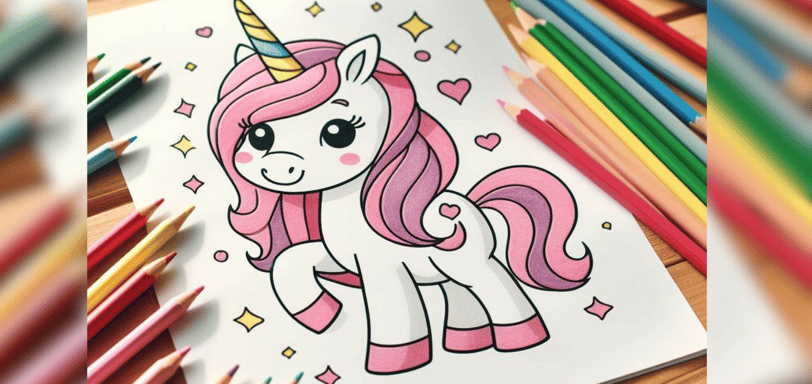 unicorn color page is on a table with colorful pencils
