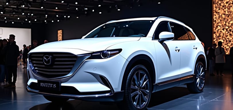 a white mazda suv parked in a showroom