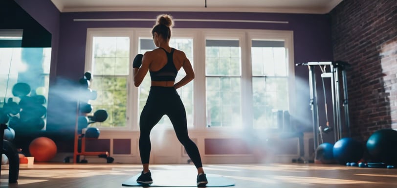 Femme pratiquant une séance de fitness dans une salle d'entraînement à domicile équipée