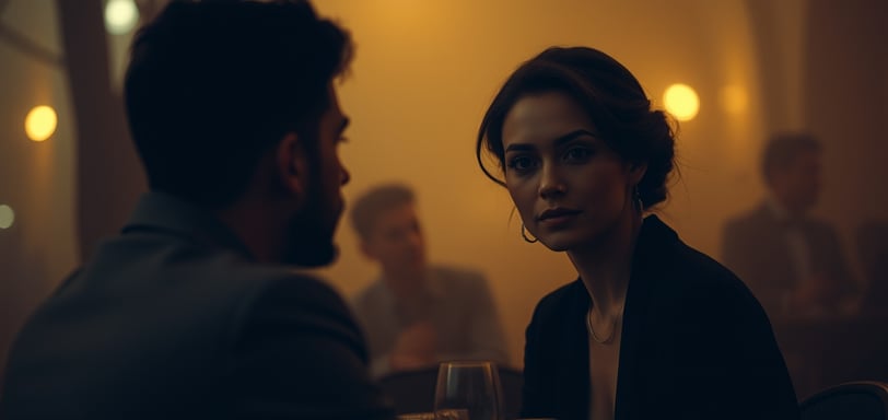 a woman sitting at a table with a man in a suit
