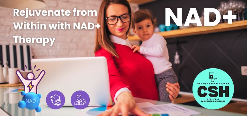 Woman working on a laptop while holding her baby, symbolizing energy, focus, and balance. The image 