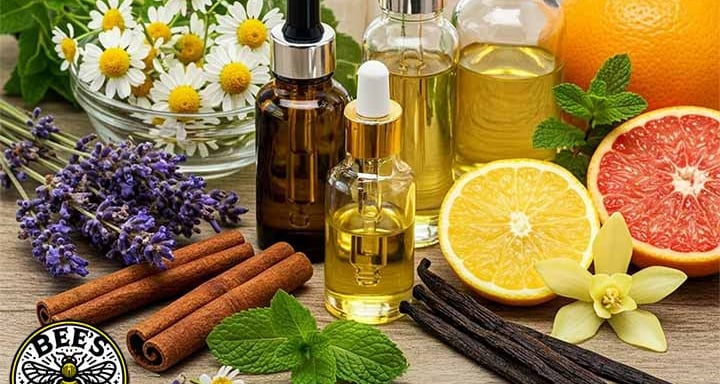 Glass essential oil dropper bottles on a rustic wooden surface surrounded by aromatic botanicals