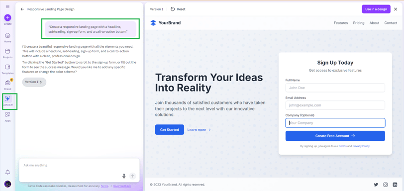 Website using Canva ai Code