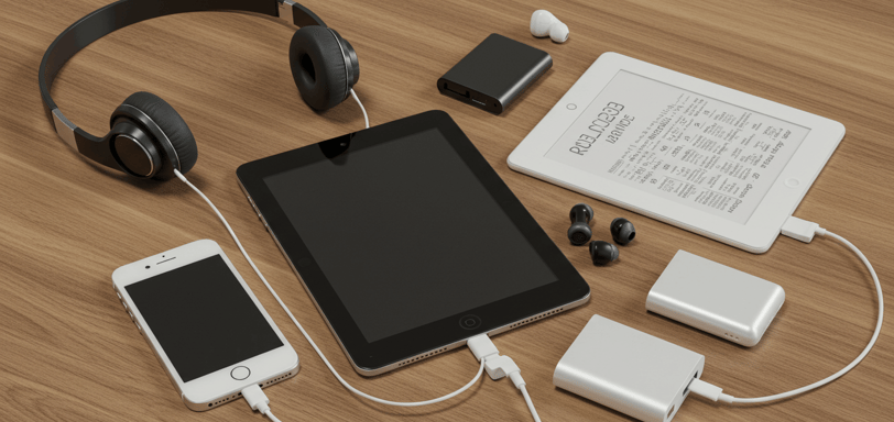 a tablet computer and headphones on a table