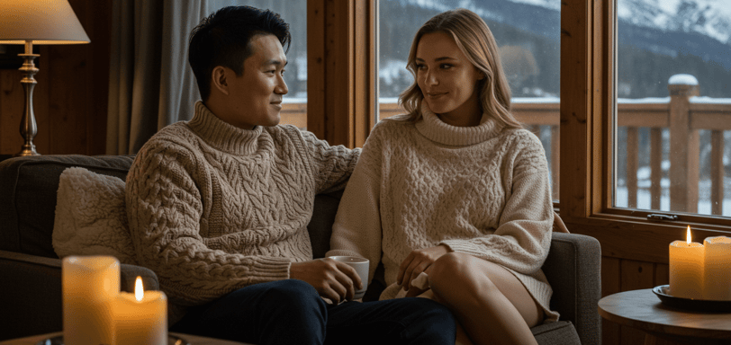 a man and woman sitting on a couch in a living room