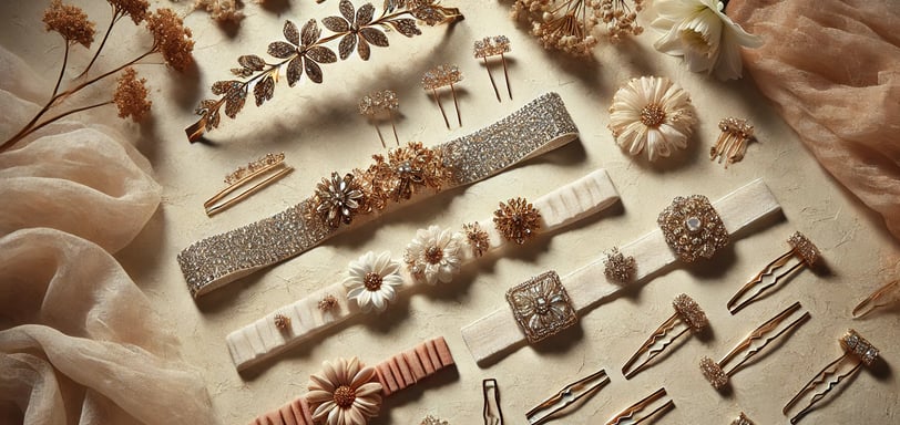 Luxury hair accessories for women with crystal headbands, floral pins, and gold hairpins on textured
