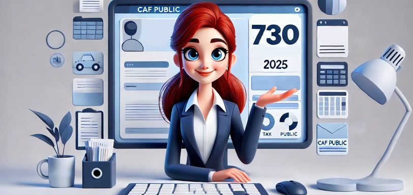 Donna seduta a una scrivania in abito formale davanti a uno schermo del computer con il numero '730' e l'anno '2025' visibili