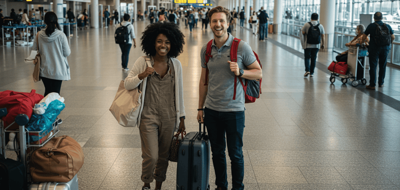 a man and woman standing in an airport