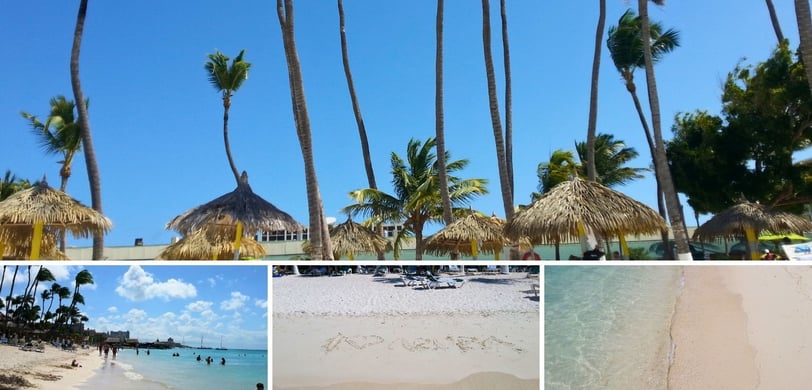 Palm Beach em Aruba com águas cristalinas e palmeiras ao fundo