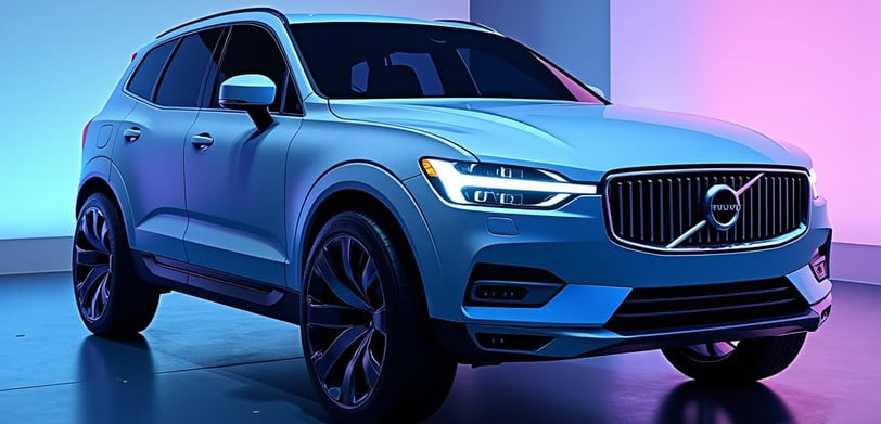 a blue volvo suv parked in a garage
