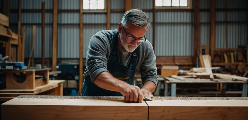 a man in a gray sweater and jeans is using a sawhorse