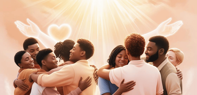 a group of people standing around a heart shaped object