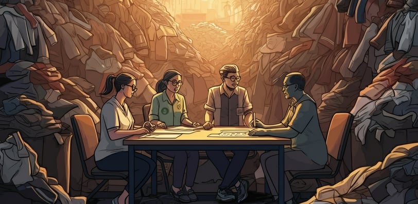 a group of people sitting at a table next to a mountain of fashion waste