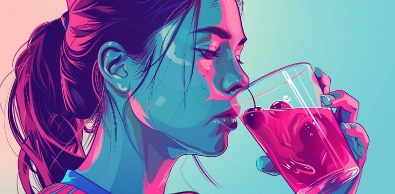 a woman drinking a glass of cherry juice