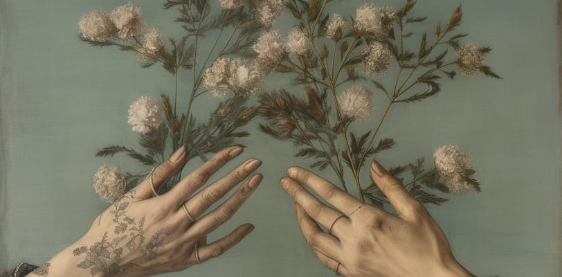 digital oil painting of tattooed hands holding a bouquet