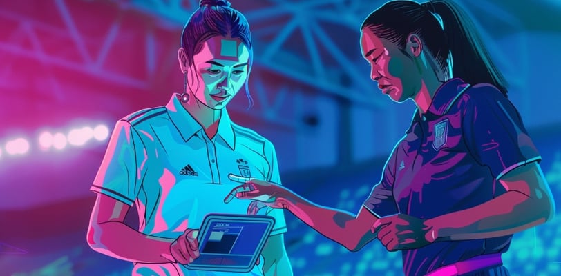 A female player and coach looking at GPS data on a tablet in a stadium