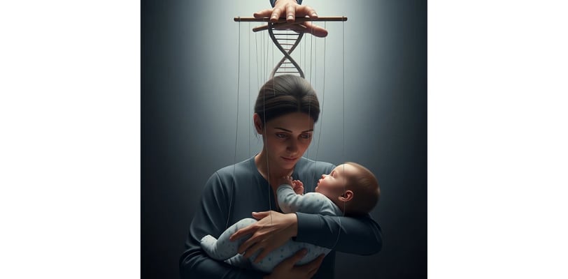 parent holding a baby with subtle puppet strings controlled by a DNA strand, humorously depicting parental love