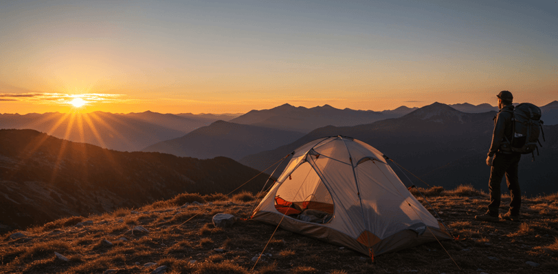 Man camping on top of hill with mountain view with best 2 person camping tent