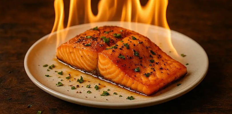 Blackened salmon fillet dramatically engulfed in tall flames on a plate, symbolizing intense heat and bold flavor.