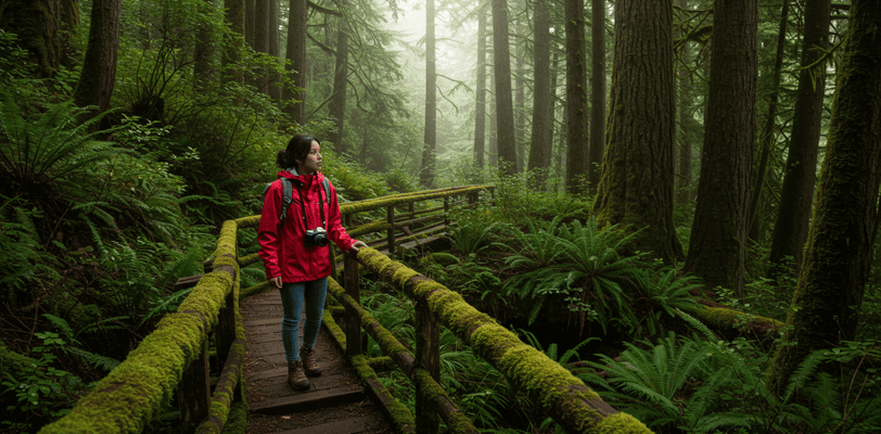 a woman in a red jacket and a camera