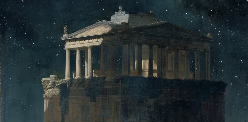 digital painting of a pillar structure floating on a rock in the cosmos