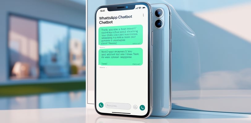 Smartphone con una conversación en pantalla que simula un chatbot de WhatsApp