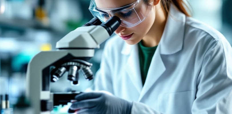 Biomédica analisando em um microscópio