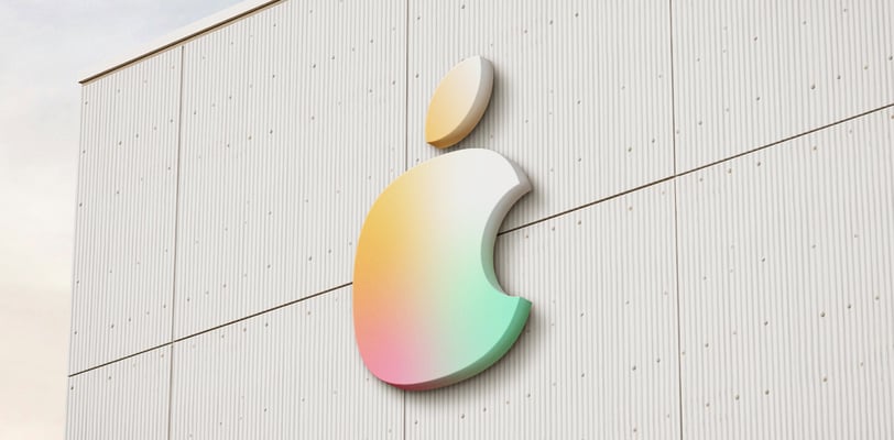 Apple logo redesign sign on the modern building