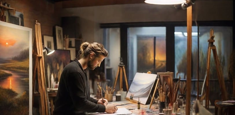Cenário inspirador: Artista imerso em sua expressão artística.