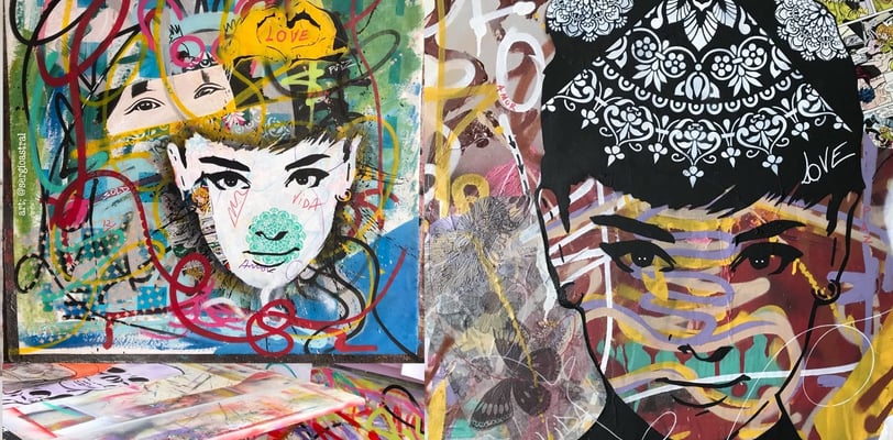 A humorous portrait of a famous singer, featuring exaggerated facial features, bright color blocks,