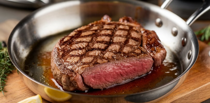 pan seared steak in a stainless-steel pan