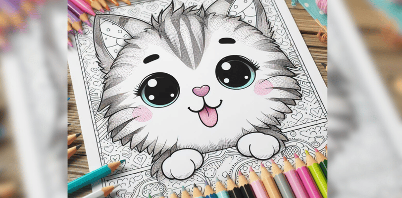 cute cat color page is on a table with colorful pencils