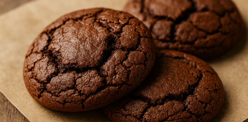 three chocolate brownie cookies on a piece of paper