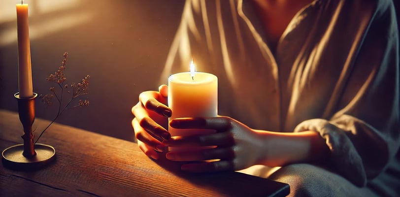 Person lighting candle in a room, face softly illuminated by the glow, symbolizing personal awakening and reflective clarity.