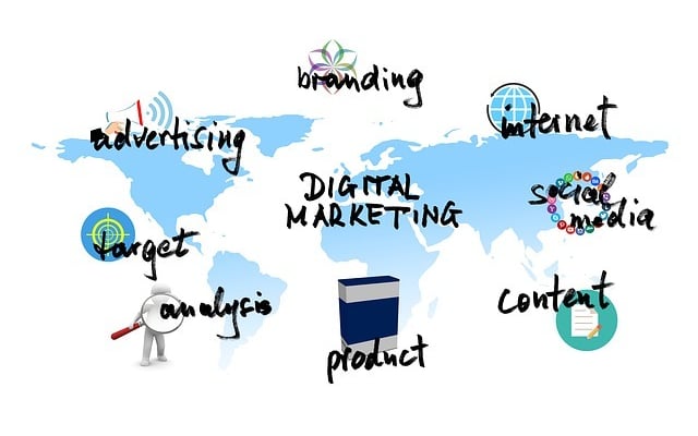a person holding a book and pointing at a map of the world outlining all digital marketing ideas