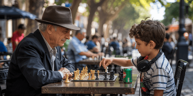 un vieil homme et un enfant jouent aux échecs