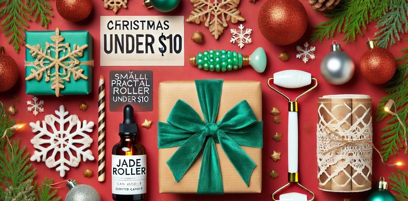 Holiday gift ideas under $10 with candles, tools, and treats arranged neatly on a festive background