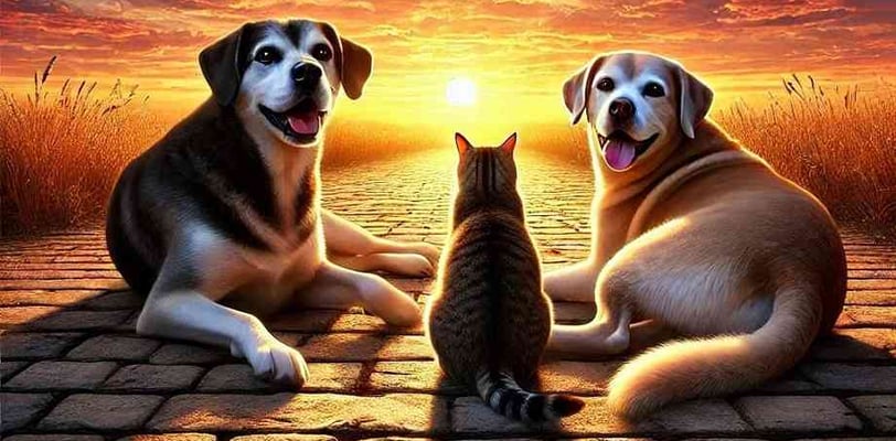 Two joyful dogs and a relaxed cat enjoying nature, symbolizing natural grounding and holistic pet healing.