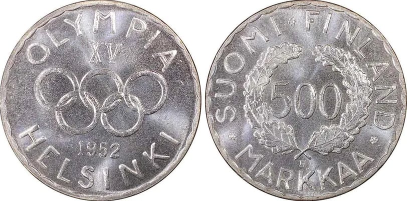 Helsingin 1952 olympiaraha – etusivulla olympiarenkaat ja kisojen tunnus, takasivulla seppele ja 500