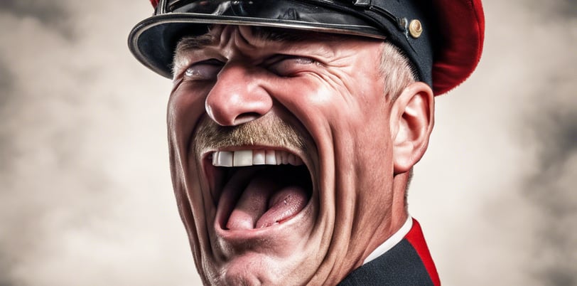 Close up AI image of a Regimental Sergeant Major (RSM) shouting commands.