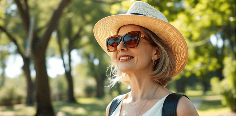 Professional woman wearing blue light glasses while working to protect aging eyes
