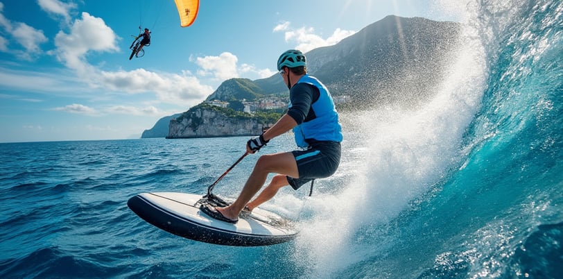 a man is parasailing on a surfboard