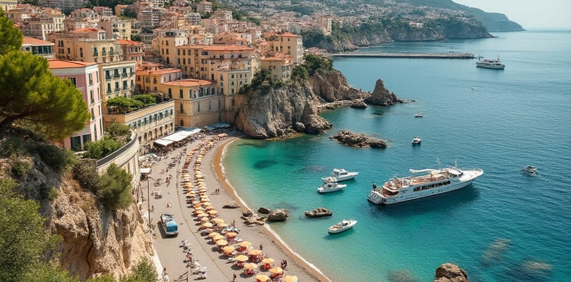 a beach with a boat and a boat in the water in Eze