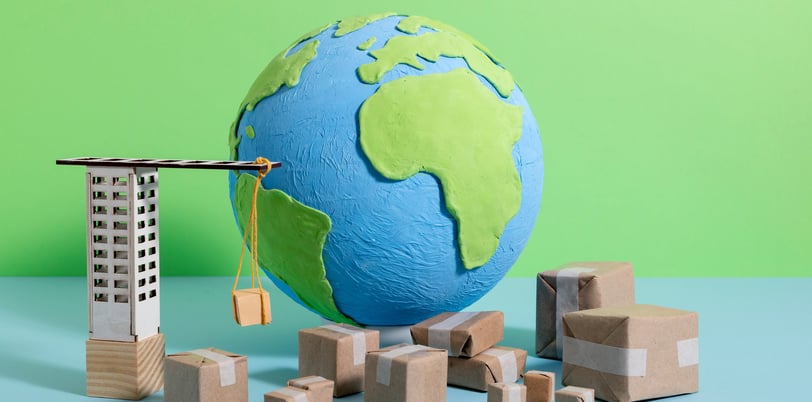 Globe representing global trade with packages stacked next to it, symbolizing international shipping