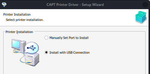 Printer driver installation screen on a computer for resolving offline printer issues.