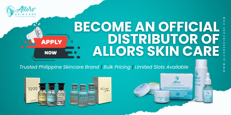 Promotional image for Allors Skin Care, inviting applications to become a distributor, showcasing various skincare products.